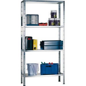 Verzinktes Schulte Steckregal, 180x120x50 cm, mit vier Böden und diversen Gegenständen.