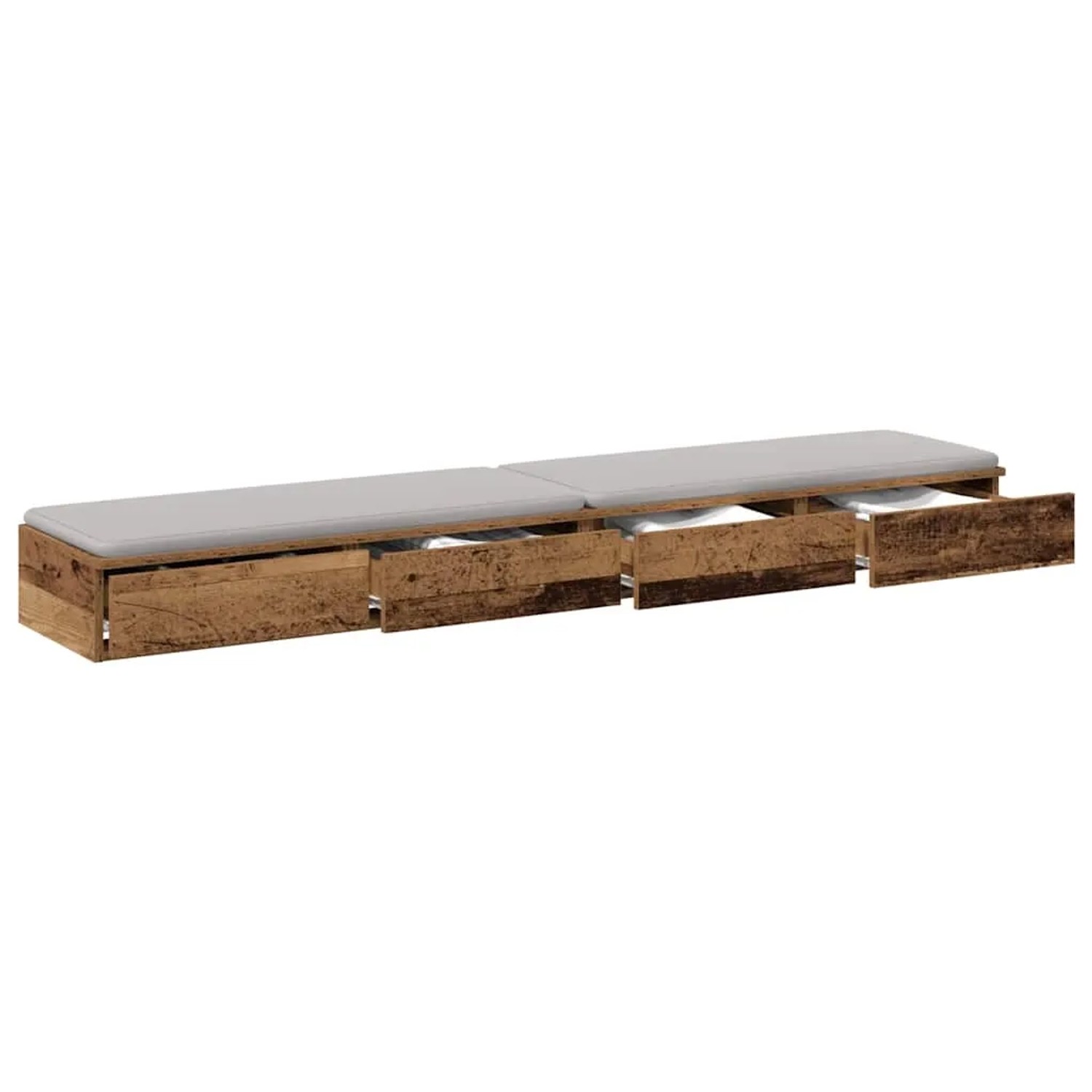 vidaXL Bettschubladen Altholz-Optik, 4 Schubladen, mit grauen Sitzkissen. Ideal als Stauraum oder Sitzbank.