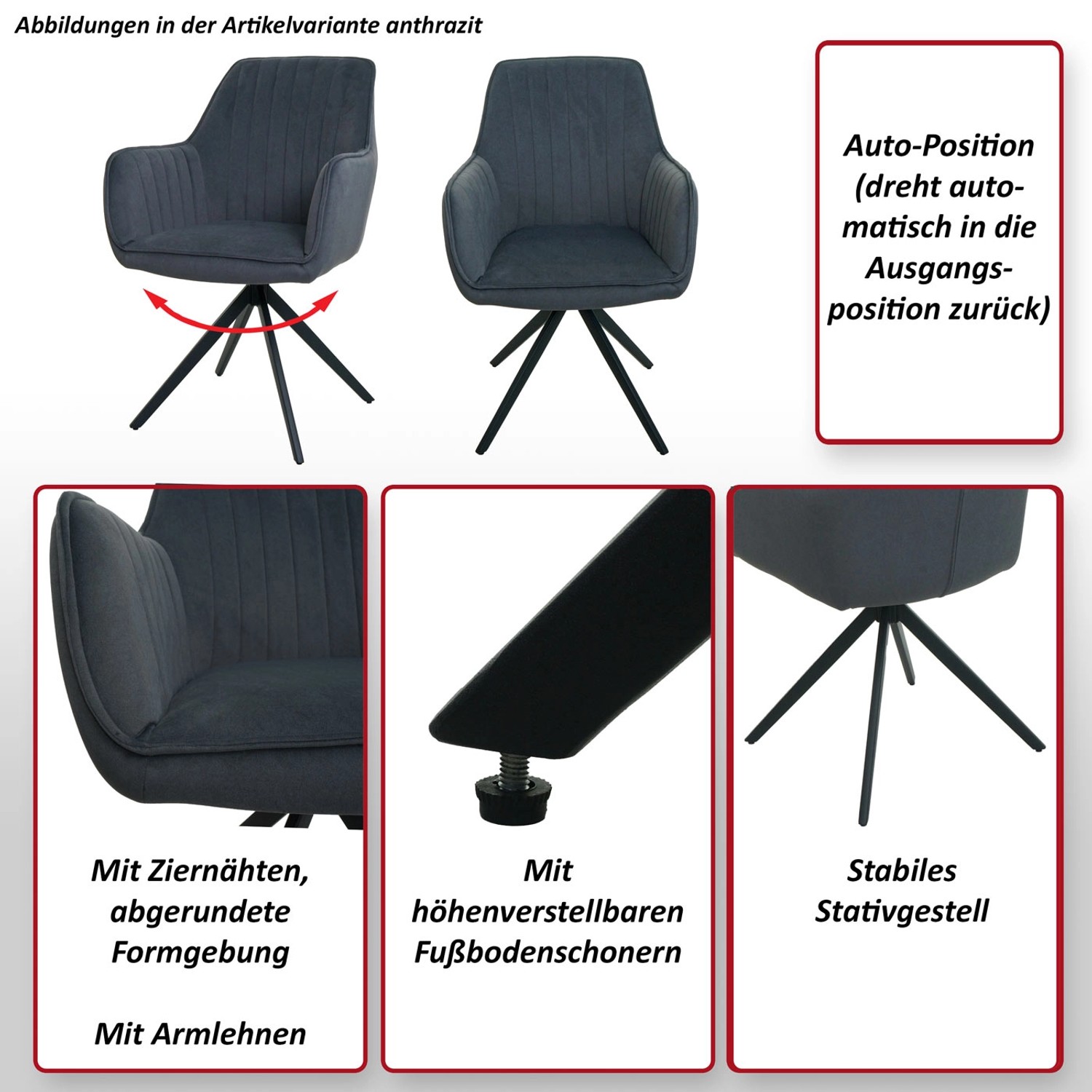 MCW Esszimmerstuhl L79 2er-Set Braun, Details: drehbar, Ziernähte, Armlehnen, höhenverstellbare Füße, stabiles Gestell.