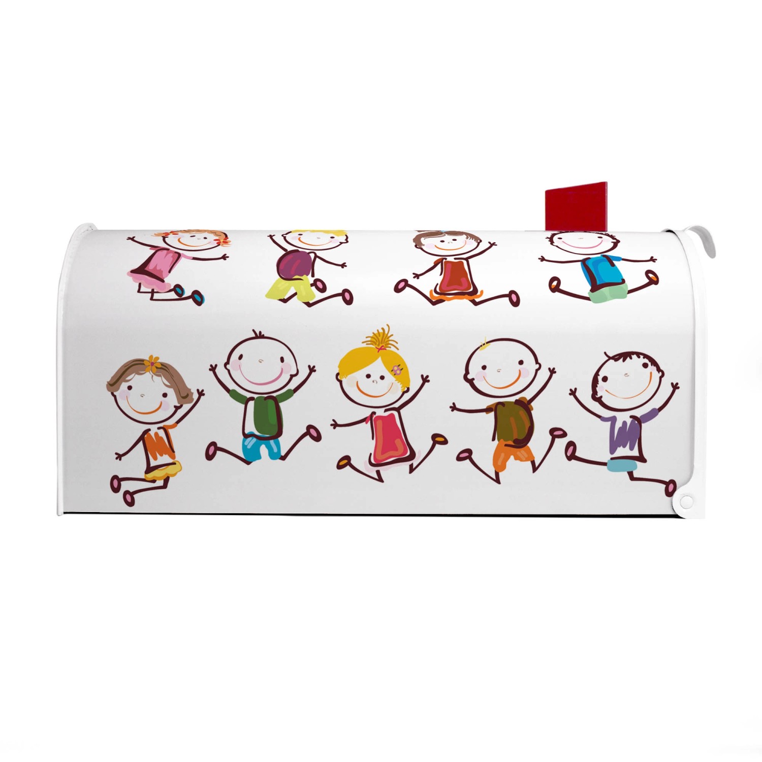 Weißer Banjado US Briefkasten mit Motiv Happy Kids, Stahl pulverbeschichtet.