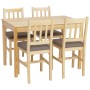 Esszimmer-Set Landhausstil: Heller Kiefernholz-Tisch (110cm) und 4 Stühle mit grauen Stoffpolstern.