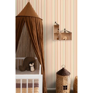Dekorative ESTAhome Vliestapete mit vertikalen Streifen in Rosa, Grün und Beige. Ideal für Kinderzimmer.