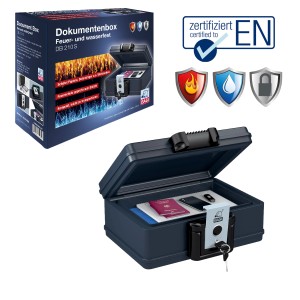 Basi Dokumentenbox DB 210S, feuer- und wasserfest, mit geöffnetem Deckel und Verpackung.