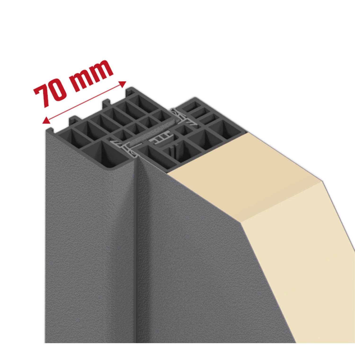 Detailansicht Stahl-Nebeneingangstür NS1: 70mm Türblattstärke mit PU-Schaum für gute Wärmedämmung.