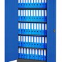 Jan Nowak Metallschrank, anthrazit/blau, mit geöffneten Türen und blauen Aktenordnern auf 4 Fachböden.
