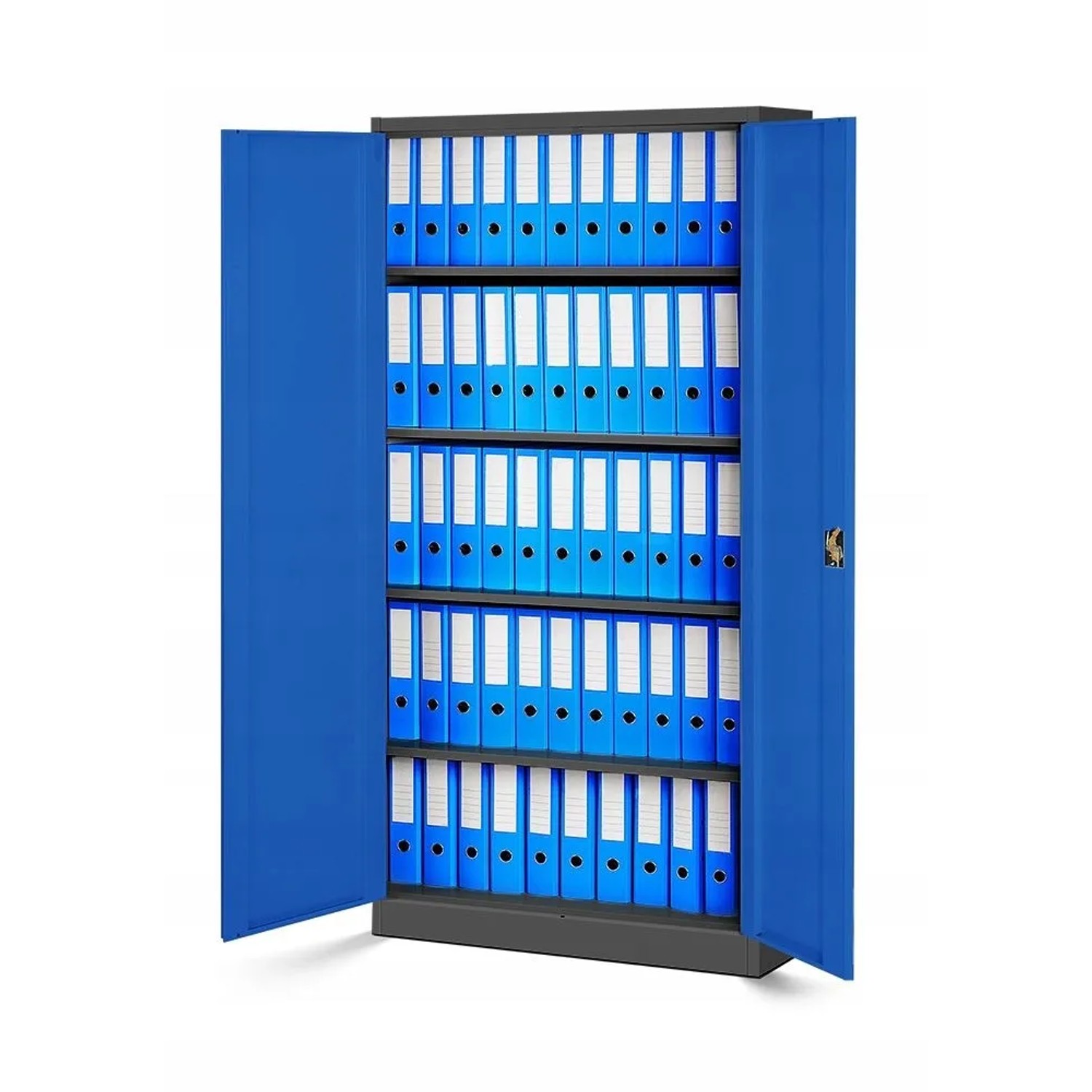 Jan Nowak Metallschrank, anthrazit/blau, mit geöffneten Türen und blauen Aktenordnern auf 4 Fachböden.