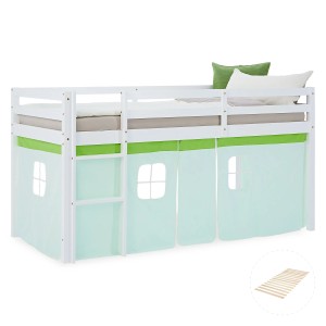 Homestyle4u Kinder Hochbett 90x200 mit grünem Vorhang, weißes Holzgestell mit Leiter.