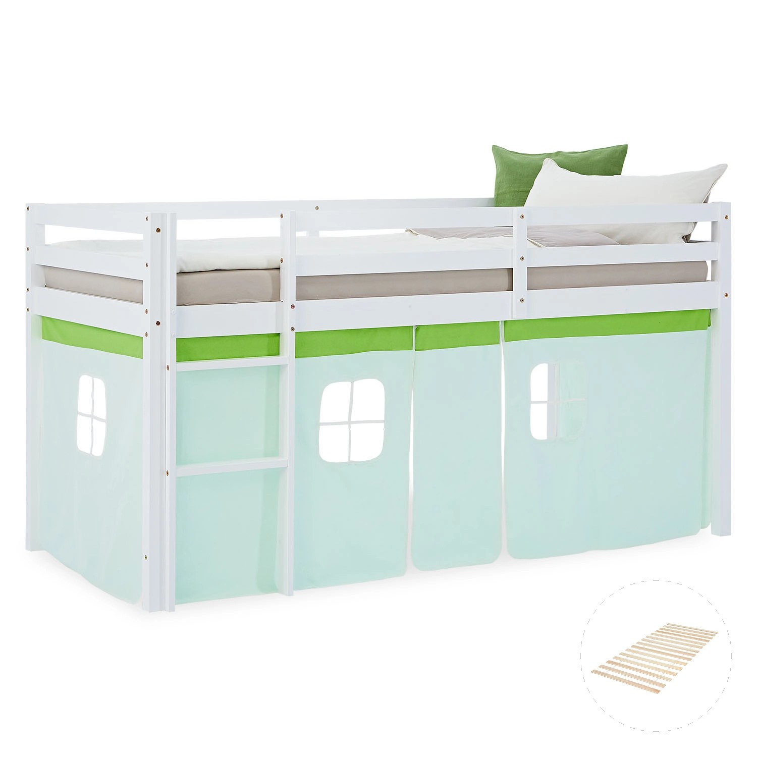 Homestyle4u Kinder Hochbett 90x200 mit Lattenrost Vorhang Grün 2972 günstig online kaufen