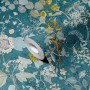PROFHOME Vliestapete mit Blumenmuster in Blau, Petrol, Gelb und Grün.