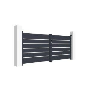 Graues Casanoov Doppelflügeltor aus Aluminium, 3 m breit, mit horizontalen Lamellen.