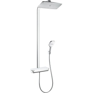 Hansgrohe Raindance Duschsystem mit Kopf- und Handbrause, Thermostat in Weiß-Chrom.