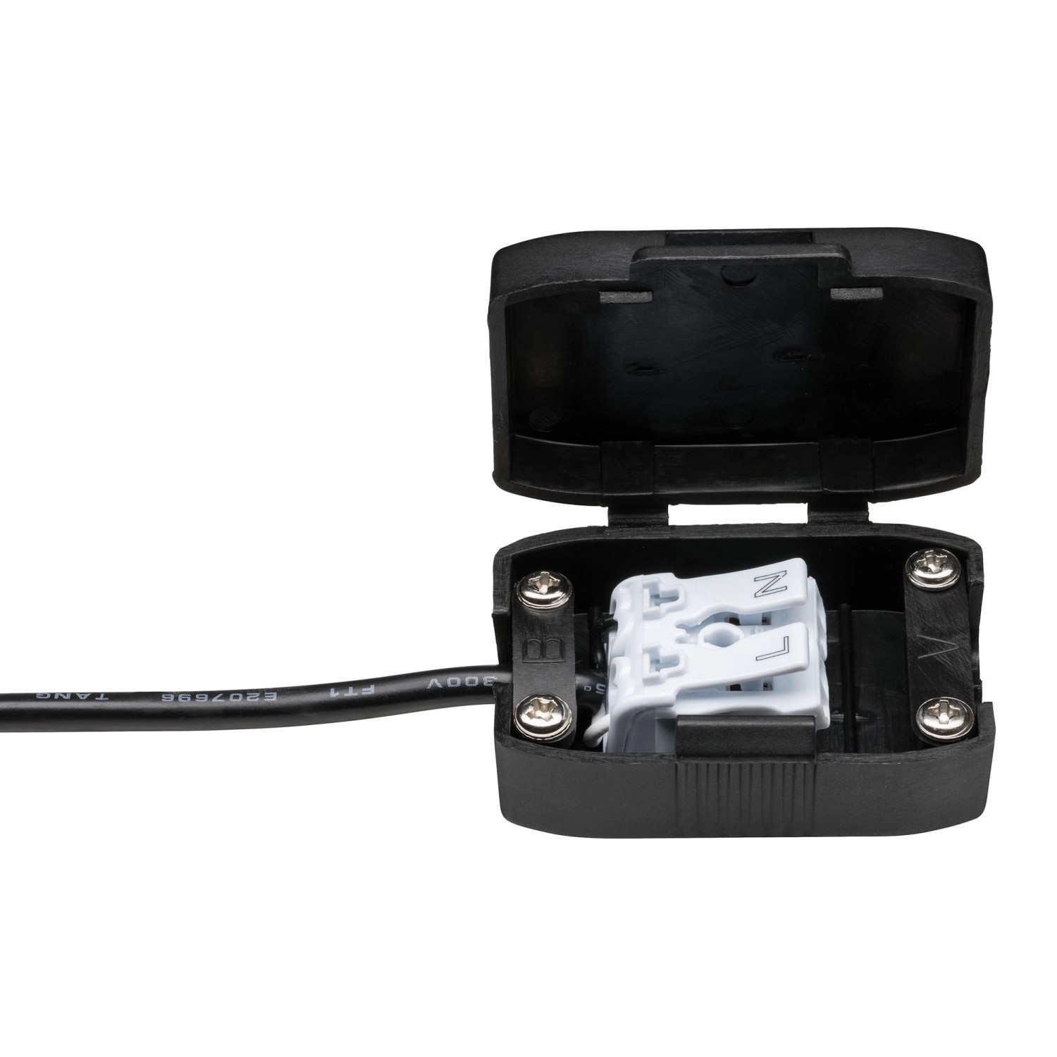 Detailaufnahme: Schwarze Anschlussdose (Aufputz) mit geöffnetem Deckel und weißer Lüsterklemme.