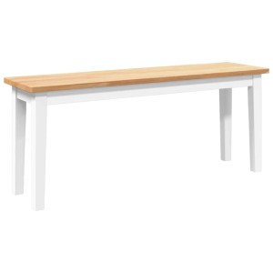 Weiße Massivholzbank 110 cm mit naturfarbener Gummibaumholzplatte. Robuste Sitzbank für Esszimmer oder Flur.