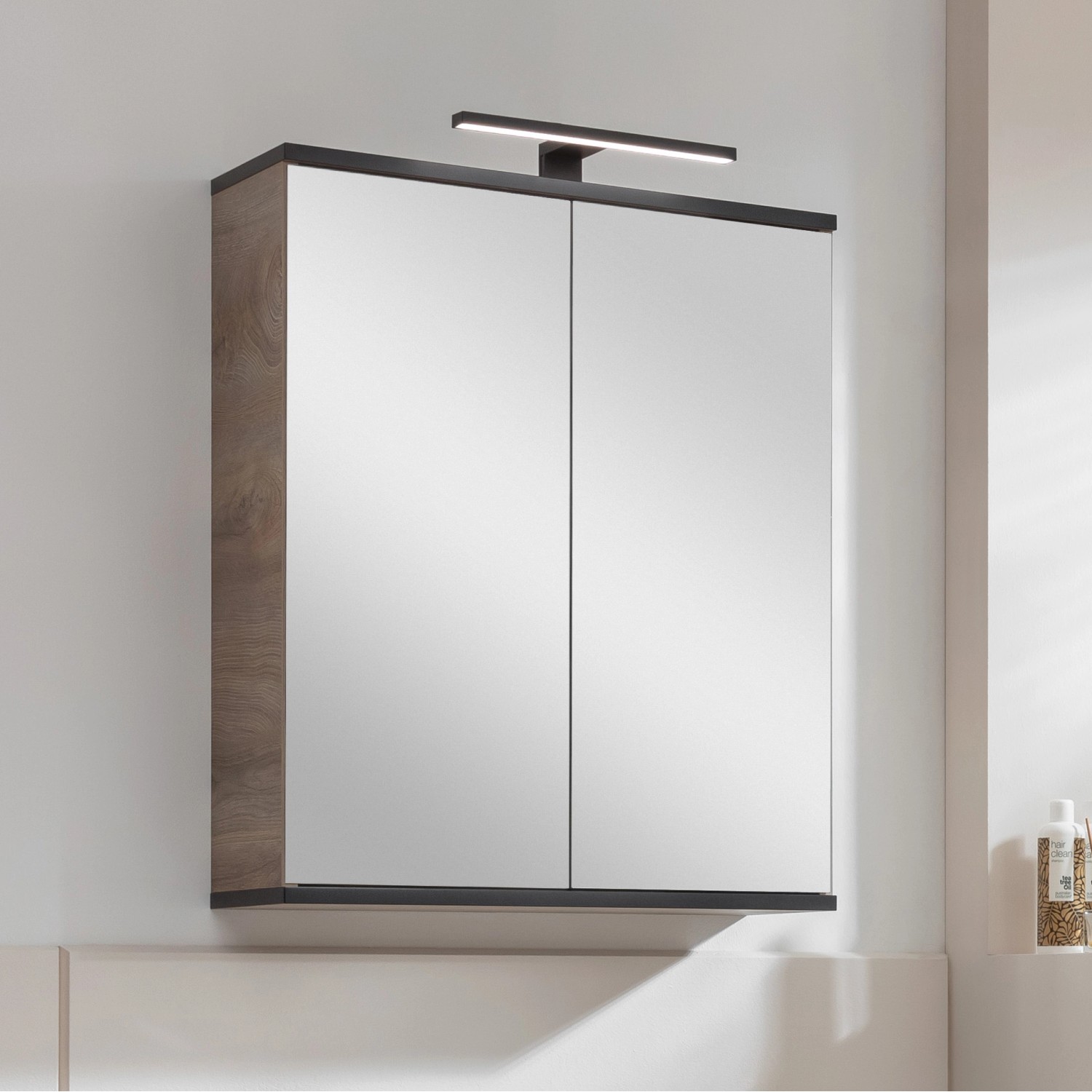 Fackelmann Badmöbel-Set mit LED-Aufsatzleuchte, 30cm, Schwarz Matt. Spiegelschrank mit Beleuchtung.