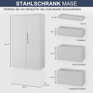 Grauer Metallschrank mit Sockel und Schubladen, Maße: 160x90x40cm. Büroschrank, Aktenschrank, Werkstattschrank.