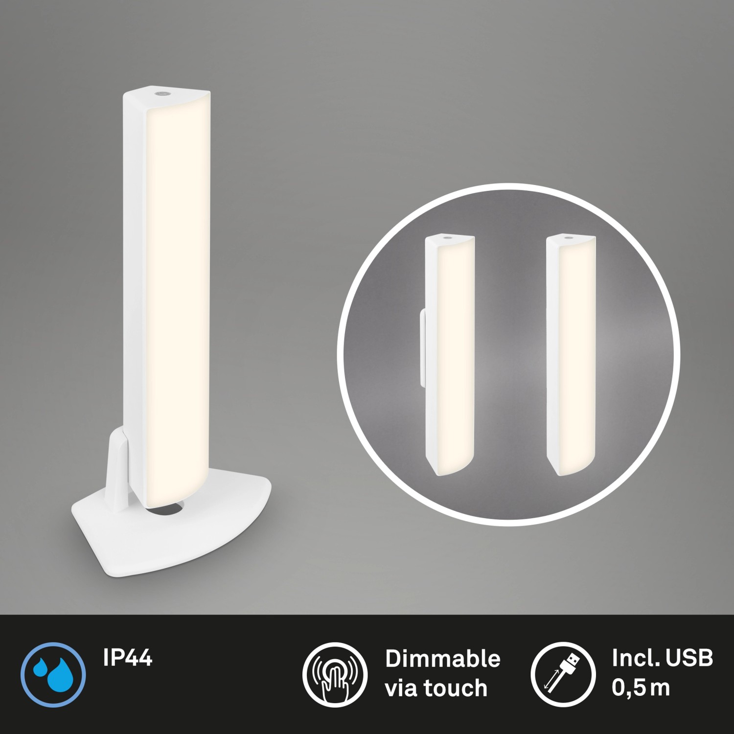 Weiße Brilo Akku Tisch- und Wandleuchte Zadar, dimmbar, mit USB-Kabel und Wandhalterung.