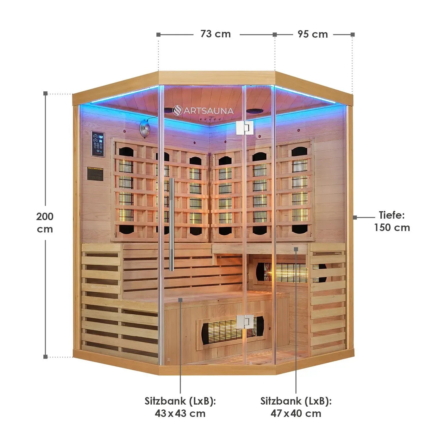 Artsauna Infrarotkabine Kiruna 150 aus Hemlockholz mit Dual Technologie und LED-Beleuchtung.