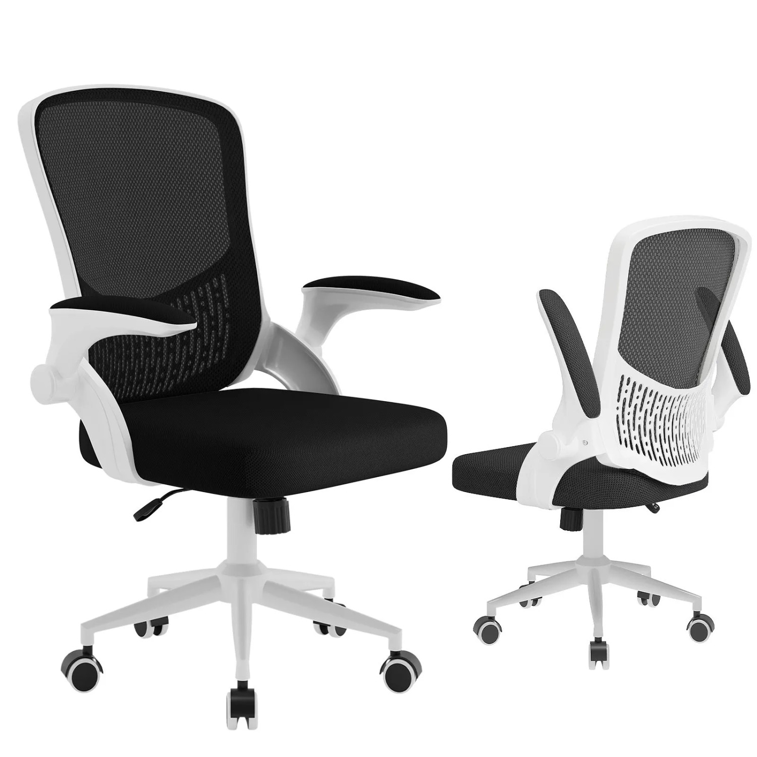 Rattantree Ergonomischer Bürostuhl mit Klapparmlehnen Mid Back Mesh Lendenstütze Höhenverstellbar und Aufbewahrungsfach Weiß