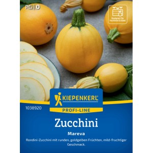 Kiepenkerl Zucchini Mareva F1 Saatgut: Runde, gelbe Zucchini und Zucchinischeiben.