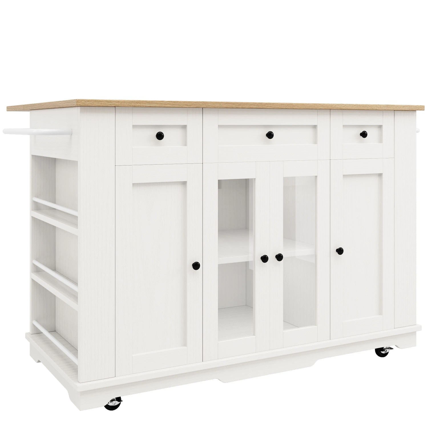 okwish Kücheninsel mit Trennwände Glastür Arbeitsplatte Stauraum Küche 151x85x91cm Weiß