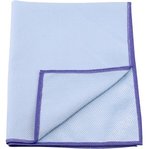 Hellblaues Purclean Mikrofaser Bekko Tuch mit lila Saum, gefaltet.