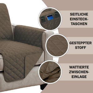 Brauner Bestlivings Sesselschoner, gesteppt, mit Taschen für Fernbedienungen.