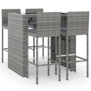 vidaXL 5-tlg. Gartenbar-Set aus grauem Poly Rattan mit Tisch, 4 Hockern und Kissen.