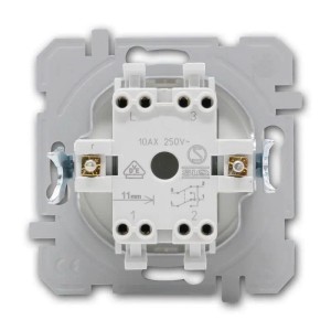 Rückseite des TEM LOGIQ Kreuzschalters, grau, mit Anschlüssen, Klemmen und Schaltplan. Schalterprogramm 250V 10A.