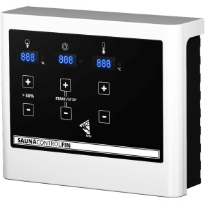 Karibu Sauna Steuerung Easy Finnisch für Saunaofen, weiße Bedieneinheit mit Display.