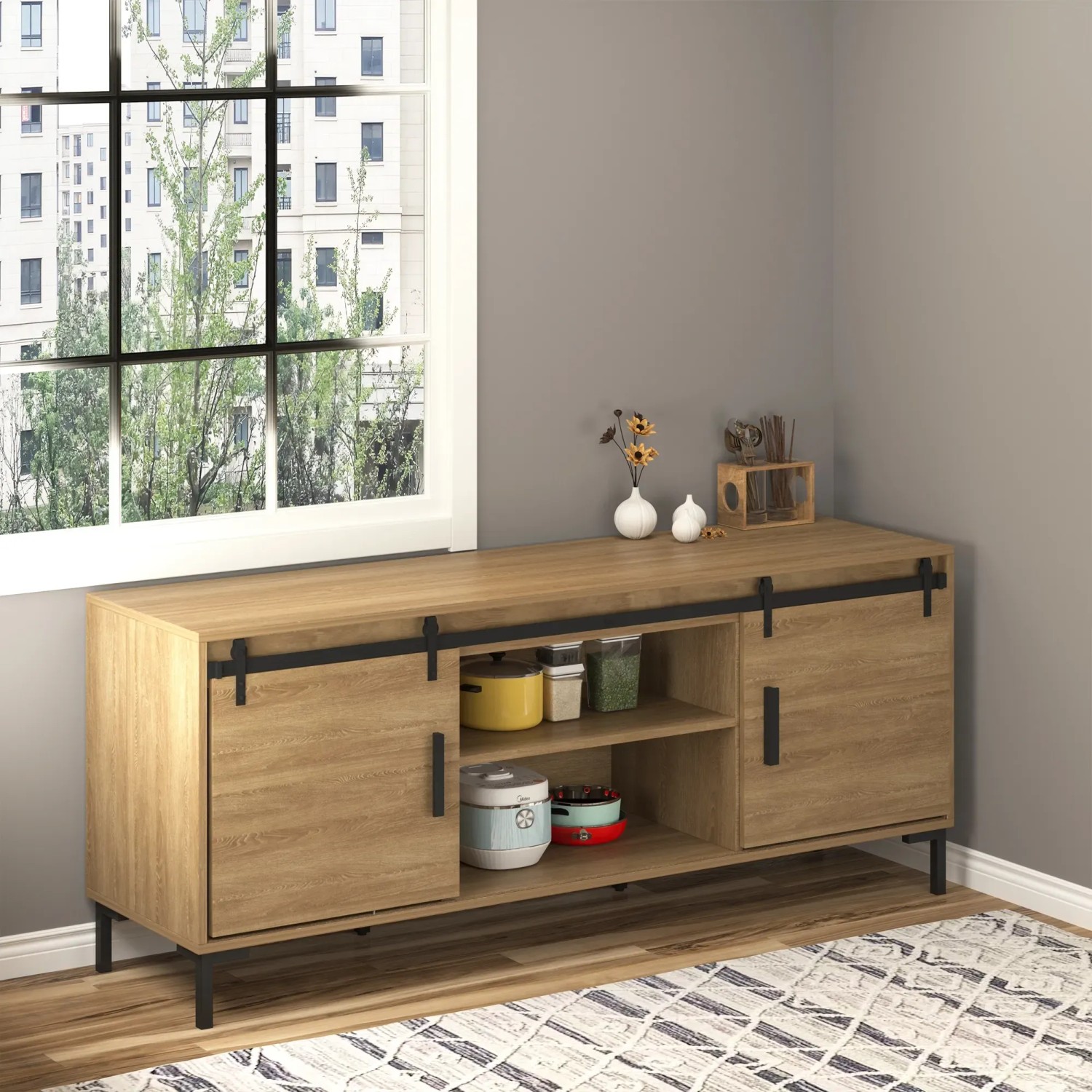 HOMCOM Schiebetürsystem für doppelte Holztüren an einem Sideboard im Wohnzimmer.