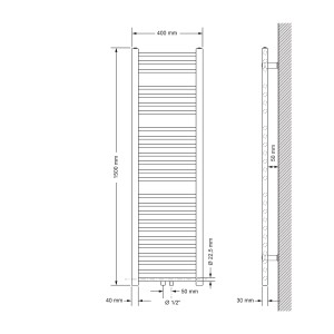 Technische Zeichnung: Weißer Badheizkörper 400x1500 mm mit Eck-Anschlussgarnitur Universal.