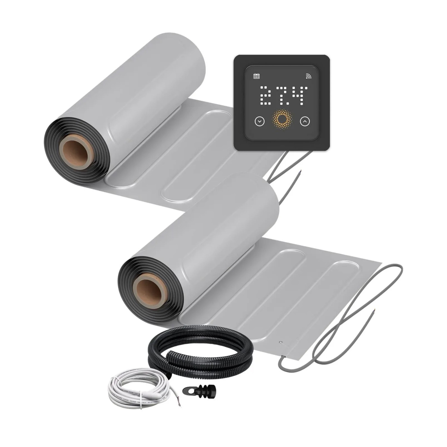 WARMON Fußbodenheizung Elektrisch 2x ALU Matten 150 W/m² 8+7 m² inkl. TS 500 WiFi Thermostat Schwarz