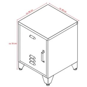 Skizze: Roter Jet-Line Stahlschrank Minskow im Industrie Design, 40x40x55cm, mit Maßen.