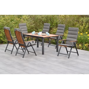 Merxx Athos Gartenmöbelset, 13-teilig: Ausziehtisch und 6 Klappsessel mit Auflagen. Lounge-Gartenmöbel für 6 Personen.