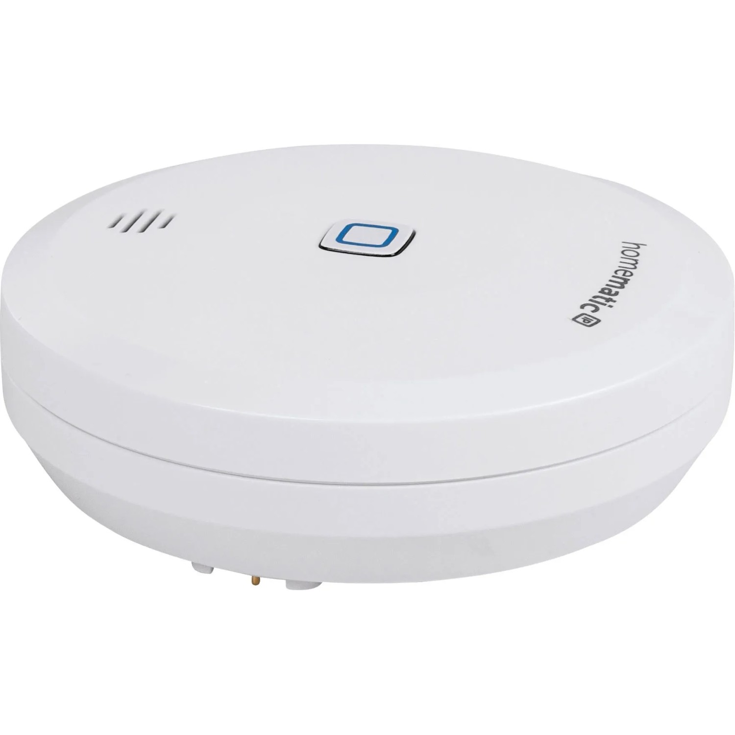 Weißer, runder Homematic IP Wassersensor mit blauer Taste, Sensorstiften für Smart Home Feuchtigkeitserkennung.