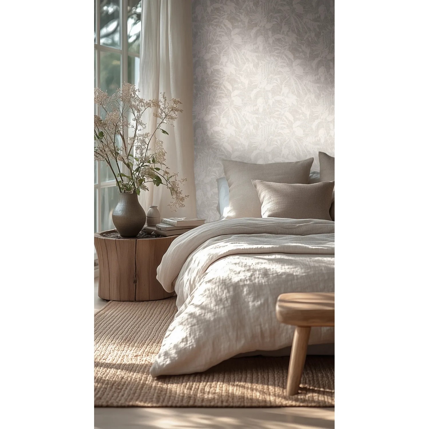 Schlafzimmer mit A.S. Creation Vliestapete Blätter Dschungel in Weiß-Grau.