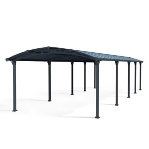 Canopia Carport Arcadia 10600 in Anthrazit, stabile Aluminium-Konstruktion mit gewölbter Dachform und 10 Pfosten.