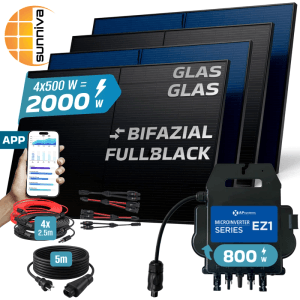 SUNNIVA Balkonkraftwerk 2000W mit 800W Wechselrichter, Solarmodule, Kabel und Zubehör.