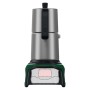 Bosch Akku-Espressokocher EasyMoka 18V-2 Inox. Edelstahl-Kaffeemaschine mit grünem Akkugerät-Sockel.