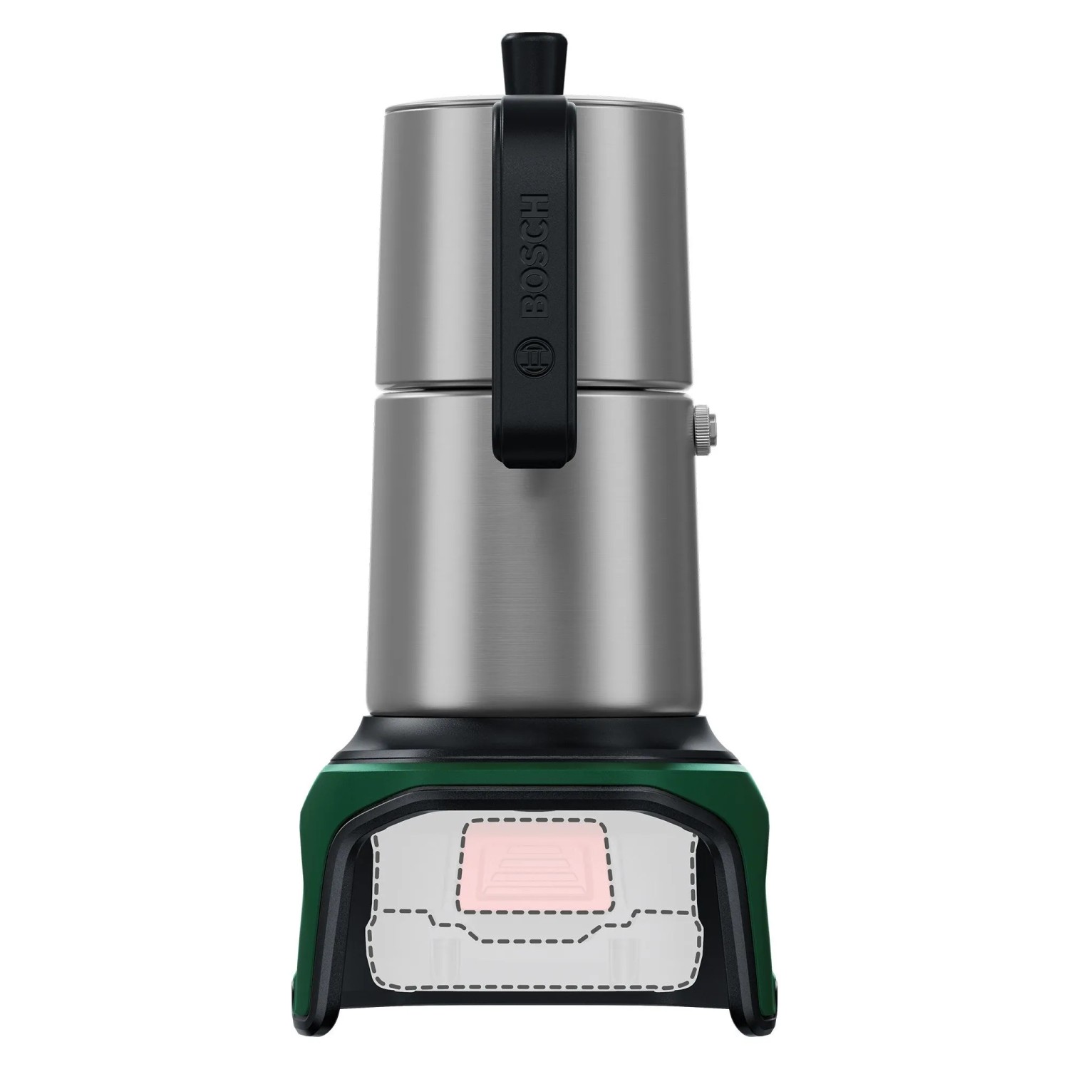 Bosch Akku-Espressokocher EasyMoka 18V-2 Inox. Edelstahl-Kaffeemaschine mit grünem Akkugerät-Sockel.