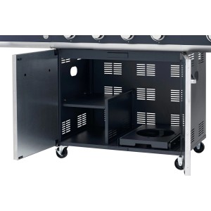 Detailaufnahme des Unterschranks vom tepro Gasgrill Vancouver mit geöffneten Türen und Gasflaschenhalterung.