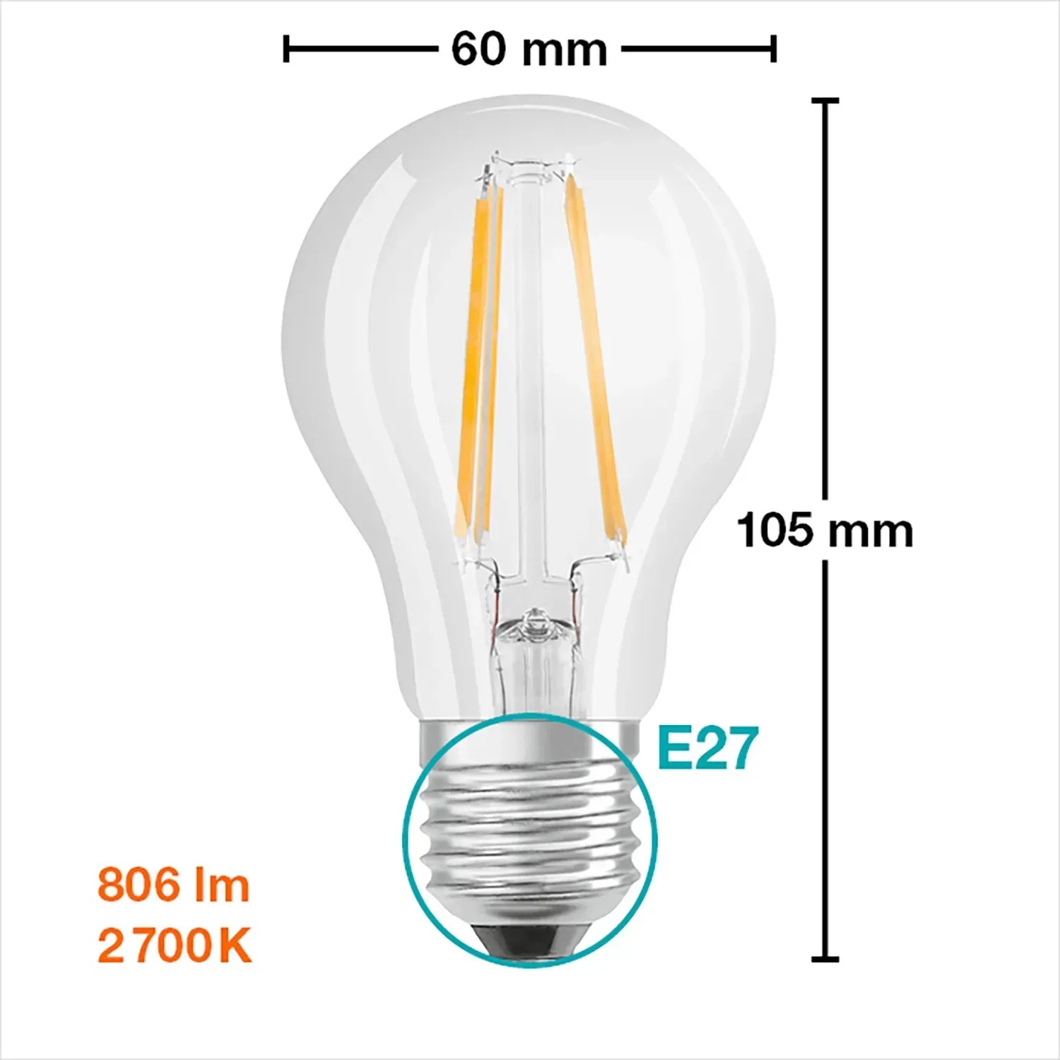 Osram E27 LED Leuchtmittel in Glühlampenform, 6,5 W, warmweißes Licht, nicht dimmbar.