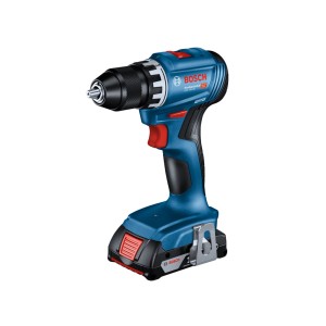 Blauer Bosch Professional Akku-Bohrschrauber GSR 18V-45 mit Akku und Gürtelclip. Kompaktes Elektrowerkzeug.