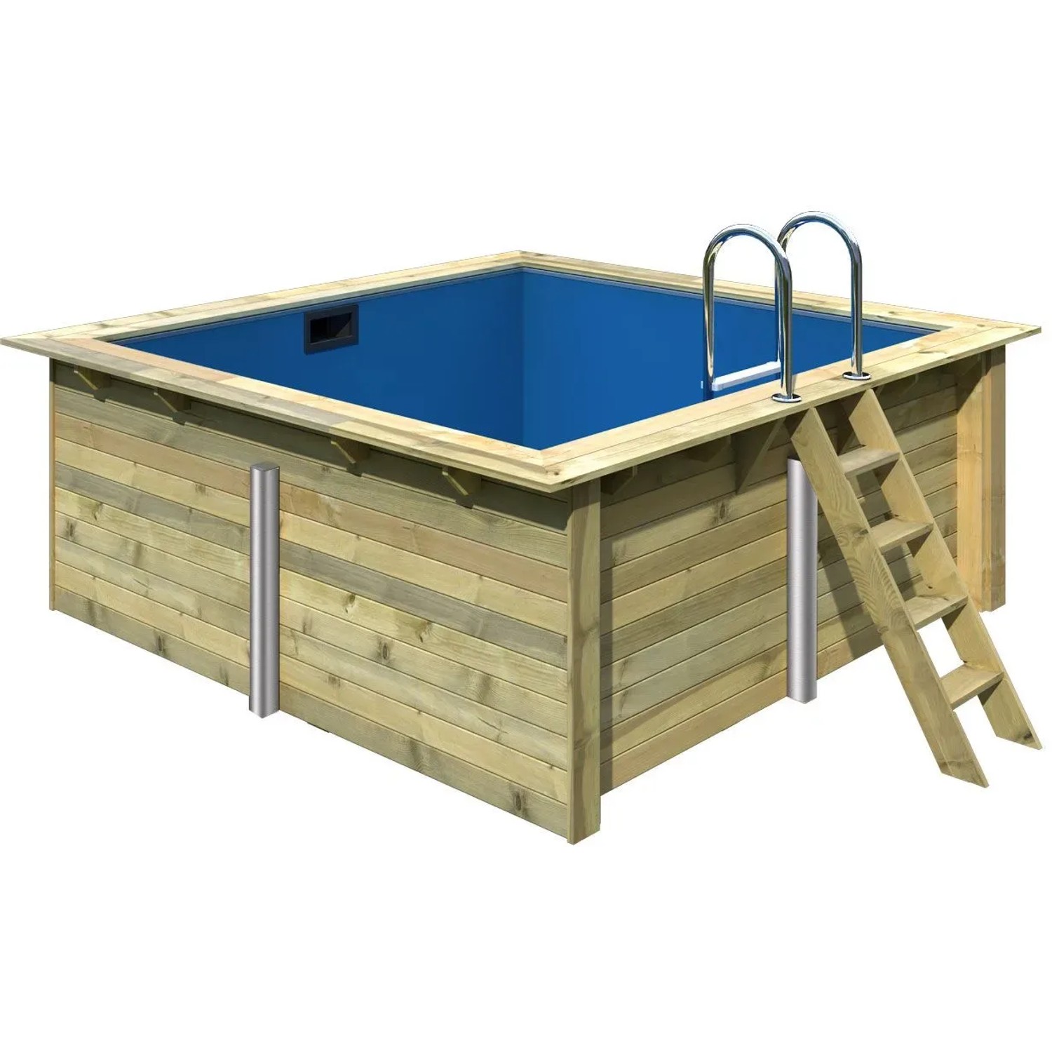 Karibu Holzpool Gr. 1 mit blauer Innenhülle und Leiter. Kesseldruckimprägniert für lange Haltbarkeit.