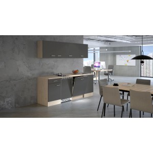 Flex-Well Büroküche Morena, 210 cm, basaltgrau/San Remo Eiche, mit Spüle, Kochfeld und Geschirrspüler.