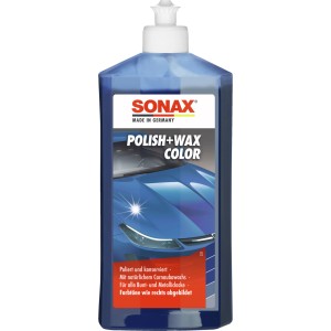 Sonax Polish & Wax Color Blau, 500ml Flasche für Autopflege.
