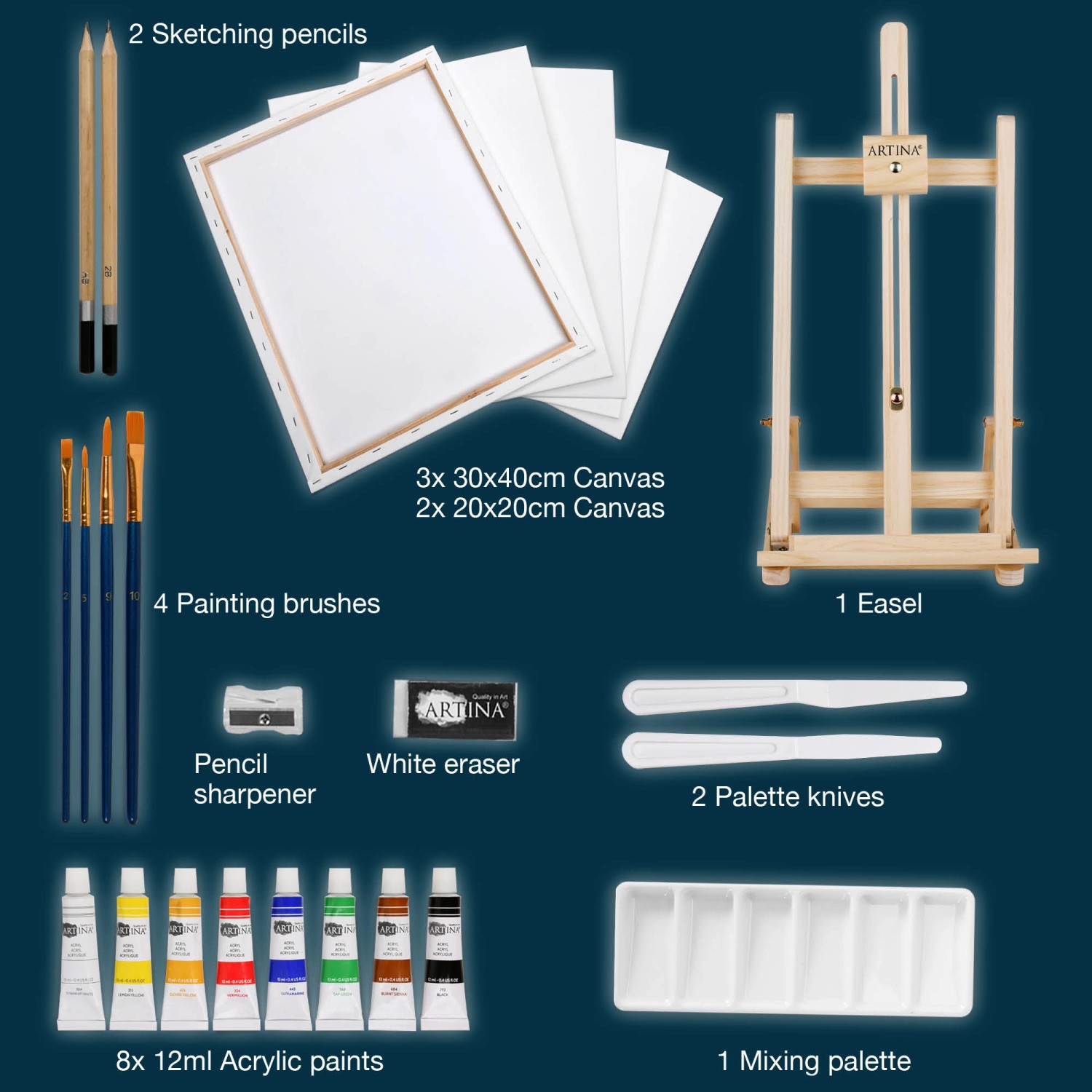 Artina Lisbon Malset mit Staffelei, Acrylfarben, Leinwänden, Pinseln und Zubehör, 25-teilig.