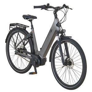 Graues Prophete City E-Bike Geniesser 3.0 Damenrad mit Gepäckträger und tiefem Einstieg.