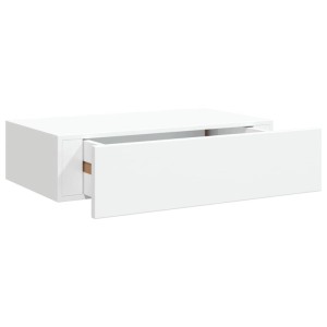 Weißes vidaXL Wandregal aus MDF mit einer teilweise geöffneten Schublade. Modernes Hängeregal für Stauraum.