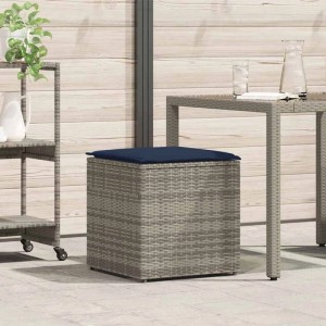 Graue vidaXL Kissenbox aus Poly-Rattan mit blauem Kissen, ideal zur Aufbewahrung im Garten.